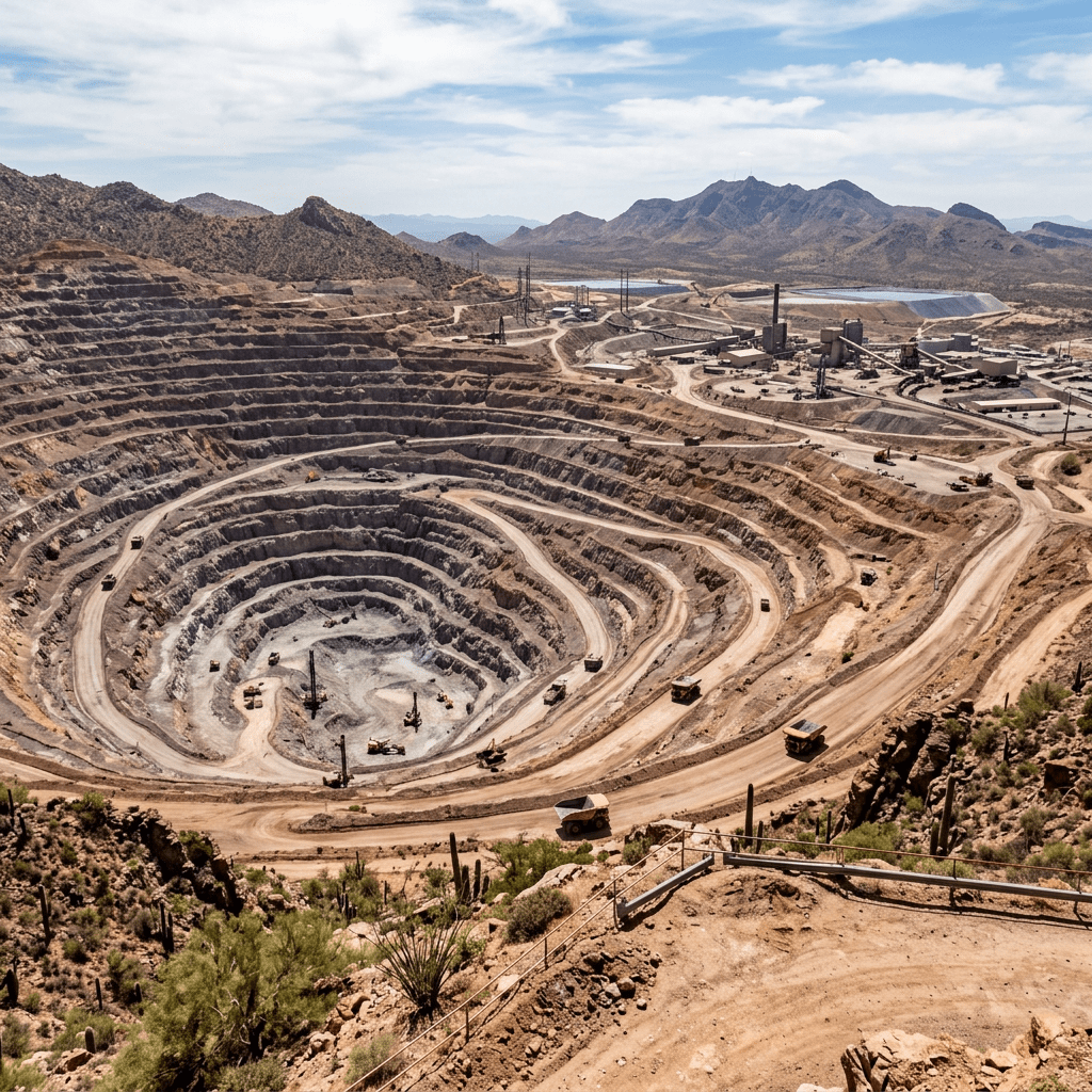Large open-pit mine with terraced levels and mining trucks working